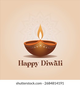 Elegant vector design of a glowing lotus diya with Happy Diwali text,  background banner, perfect for festival greetings and social media.