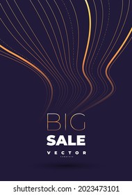 Elegant vector design with golden thin wavy lines on the black background and lettering big sale