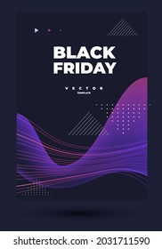 elegant vector design for poster with geometry forms and thin wavy lines and transparent purple smooth shape and lettering black friday on the dark background