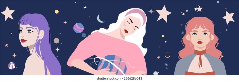 Elegant vector design showcasing Aquarius, Pisces, and Aries as stylized women surrounded by cosmic details. Perfect for astrology enthusiasts and horoscope-themed projects.