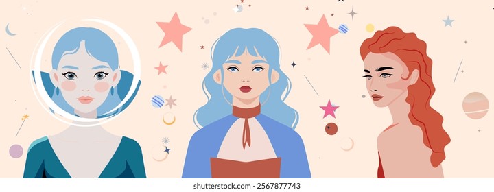 Elegant vector design showcasing Aquarius, Pisces, and Aries as stylized women surrounded by cosmic details. Perfect for astrology enthusiasts and horoscope-themed projects.