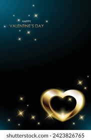 Elegant vector design for Valentine's day with shining golden heart in front of black background with blue light corners and sparkling stars