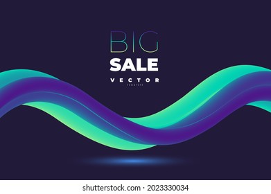 Elegant vector design with volumetric neon wavy green and purple lines on the black background and lettering big sale