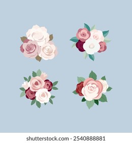 Elegante design vetorial de buquês de casamento com rosas antigas em rosa empoeirado, branco cremoso e tons de malva. Ideal para convites, artigos de papelaria e projetos florais vintage.