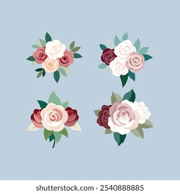 Elegante design vetorial de buquês de casamento com rosas antigas em rosa empoeirado, branco cremoso e tons de malva. Ideal para convites, artigos de papelaria e projetos florais vintage.