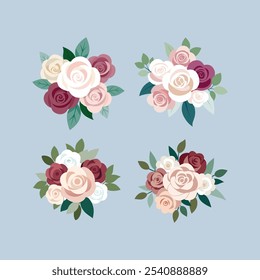 Elegant vector design of wedding bouquets featuring antique roses in dusty pink, creamy white, and mauve tones. Ideal for invitations, stationery, and vintage floral projects.