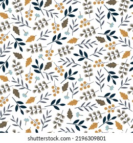 Elegant vector ditsy floral seamless pattern design of abstract leaves and seeds. Trendy foliage illustration. Repeat texture background for fashion, surface printing, wrapping, packaging and textile