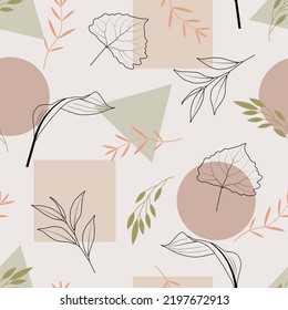 Elegant vector ditsy floral seamless pattern design of abstract branches of leaf outlines. Trendy foliage illustration. Repeat texture geometric background for surface printing, wallpaper and textile