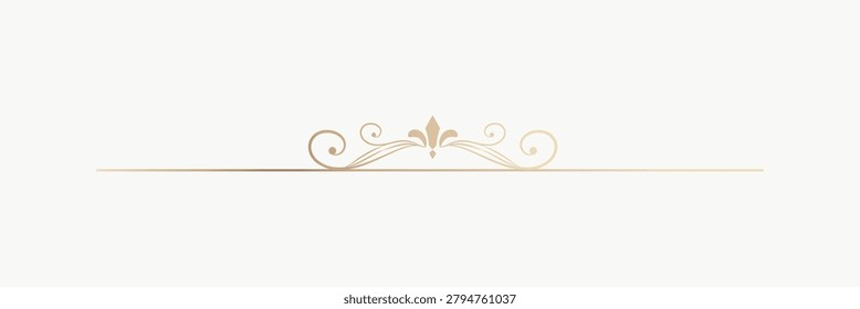Elegant vector divider with a fleur-de-lis and swirling accents in gold on a light background.