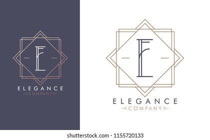 Elegant vector E logo in two color variations. Art Deco style logotype design for luxury company branding. Premium identity design in blue and gold.