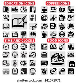 Elegant Vector Education, Coffee, Clock And Food Icons Set.