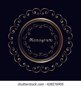 Elegant vector element for design, place for text. Golden outline spiral border. Template for creating monogram, frame. Linear trend style. Illustration gold pattern on dark blue background