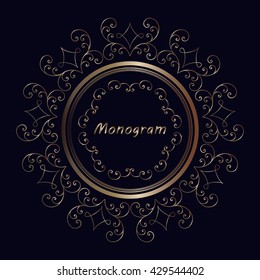 Elegant vector element for design, place for text. Golden outline spiral border.  Illustration gold spiral on dark blue background. Concept of unusual abstract luxury logo