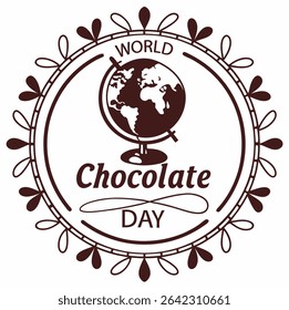 Elegant vector emblem for World Chocolate Day featuring a globe at the center, surrounded by decorative chocolate-style elements. 