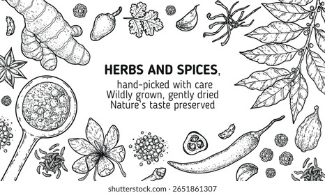 Elegant vector engraving of assorted spices and herbs. Hand-drawn in black and white with exquisite detail — perfect for gourmet branding, vintage packaging, or culinary-themed design.