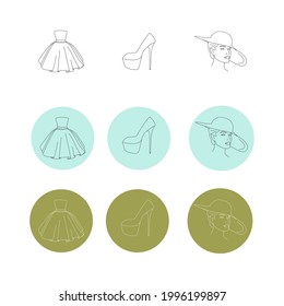 Elegant vector female linear icons. Girl's face in a wide-brimmed hat, evening dress and high heels on colored circles.