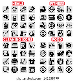Elegant Vector Fitness, Health, Food And Cleaning Icons Set.