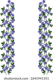 Elegant vector floral border design featuring delicate periwinkle flowers and leaves, perfect for invitations, cards, or other design projects.