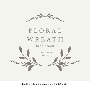 Elegante marco vectorial floral con silueta dibujada a mano de ramas y hojas. Plantilla de logotipo para etiquetas, identidad corporativa, invitación de boda guardar la fecha