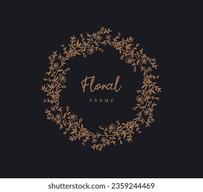 Elegant vector floral frame with hand drawn flowers, branches and leaves. Line and silhouette style wreath for label, corporate identity, wedding invitation, save the date, logo