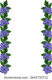Elegant vector floral frame with periwinkle flowers and green leaves, perfect for invitations, cards, or decorative elements.