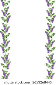 Elegant vector floral frame with two vertical lines of stylized purple tufted vetch flowers and green leaves on white background, perfect for invitations or cards.