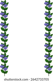 Elegant vector floral frame with vertical lines of blooming purple flowers and green leaves, perfect for invitations, cards, or decorative designs.