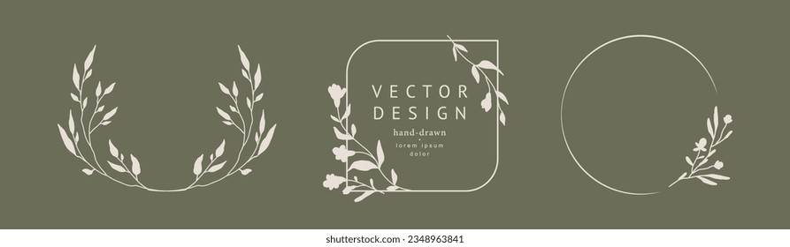 Elegant vector floral frames with hand drawn silhouettes of branches, flower and leaves. Set for label, corporate identity, wedding invitation, save the date, logo