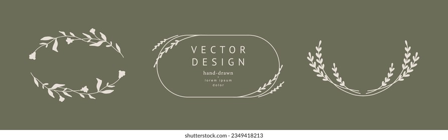 Elegant vector floral frames with hand drawn silhouettes of branches, flower and leaves. Set for label, corporate identity, wedding invitation, save the date, logo