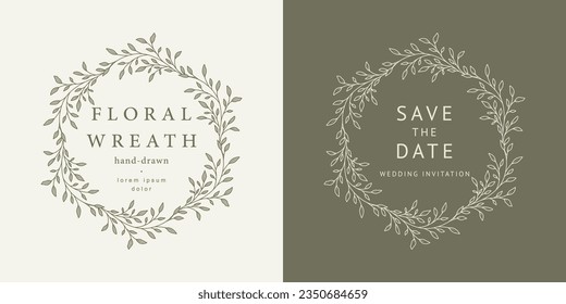 Elegant vector floral frames with hand drawn branches and leaves. Wreath in line and silhouette style for label, corporate identity, wedding invitation, save the date, logo