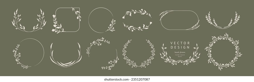 Elegant vector floral frames with hand drawn silhouettes of branches, flower and leaves. Set for label, corporate identity, wedding invitation, save the date, logo