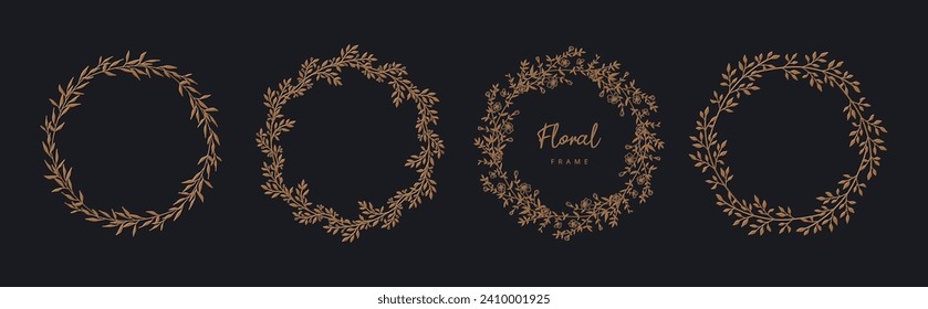 Elegant vector floral frames with hand drawn flowers, branches and leaves. Line and silhouette style wreath for label, corporate identity, wedding invitation, save the date, logo