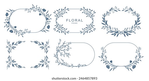 Elegante Vektorgrafik Blumenrahmen mit handgezeichneten Silhouetten von Ästen, Blüten und Blättern. Blumenkranz, ovaler Rand. Speichern Set für Label, Corporate Identity, Hochzeitseinladung, das Datum, Logo