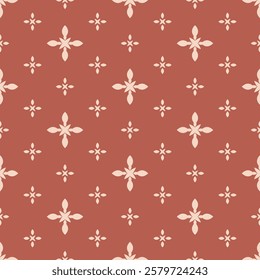 Elegant vector floral minimalist seamless pattern. Abstract minimal geometric ornament with flowers in oriental style. Simple red and beige background. Vintage geo texture. Repeated decorative design