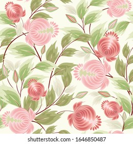Elegantes, florales, nahtloses Muster der Vektorillustration mit den Pfingsten. Vintage romantische Struktur mit rosafarbener Blume, grüne Blätter. Abstrakter botanischer Zierhintergrund. Wiederholtes Design für Dekoration, Bildschirmhintergründe