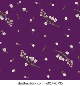 Elegant vector floral seamless pattern. Background for textile or book covers, manufacturing, wallpapers, print, gift wrap. Lily of the valley flowers on a violet background