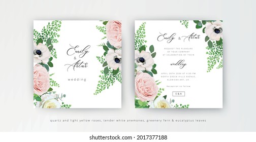 Elegant vector floral wedding invitation, save the date card template set. Dusty pink, light yellow English garden rose flowers, white anemones, fern leaves, eucalyptus wreath decorative frame, border