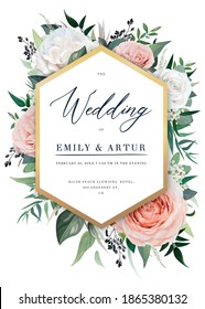 Elegant vector floral wedding invite card design. Beautiful blush peach, dusty pink garden Rose, eucalyptus greenery, tidewater green leaves, berries bouquet and modern golden hexagonal frame template