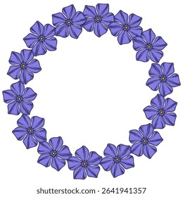 Elegant vector floral wreath with purple periwinkle flowers arranged in a circular frame, perfect for invitations, cards, or decorative design elements.