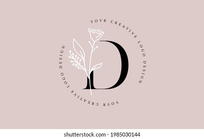 Elegant Vector Flower D Letter Design Logo with Floral Leaf Plant Idea for Cosmetic Beauty Personal Branding Logo