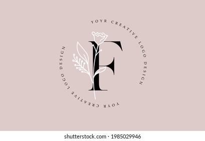 Elegant Vector Flower F Letter Design Logo with Floral Leaf Plant Idea for Cosmetic Beauty Personal Branding Logo