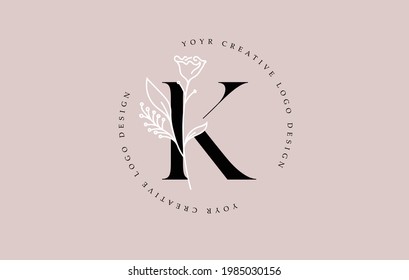 Elegant Vector Flower K Letter Design Logo with Floral Leaf Plant Idea for Cosmetic Beauty Personal Branding Logo