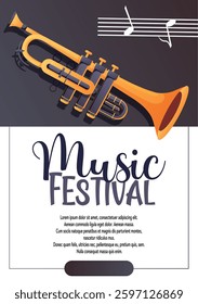 Elegant vector flyer featuring a golden trumpet, musical notes, and the text Music Festival. Suitable for posters, banners, and concert promotions  

