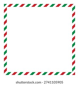 Elegant vector frame with alternating red and green dashed diagonal stripes forming a square border on white background. Ideal for Christmas cards, Italian themed packaging, restaurant menus or festive holiday designs.