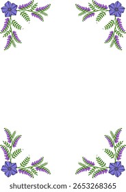Elegant vector frame design featuring a delicate arrangement of purple tufted vetch flowers and green foliage, creating a sophisticated and nature-inspired border.