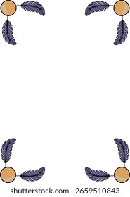 Elegant vector frame design featuring stylized purple feathers and ochre circles, perfect for invitations, cards, or decorative elements.