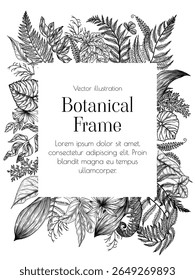 Elegant vector frame with different leaves. Illustration template with forest leaves. Leafy print for card. Botanical invitation with plants