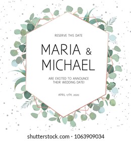 Elegant vector frame with eucalyptus on white background with dots. Delicate art deco card. Stylish texture. Diamond shaped wedding invitation. Gold line art. All elements are isolated and editable.