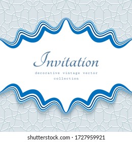 Eleganter Vektorrahmen mit schmuckförmigen Randlinien über texturiertem Hintergrund. Cutout Papier Dekoration im nautischen Stil. Einladungs- oder Verpackungsvorlage für Hochzeiten. Ort für Text.