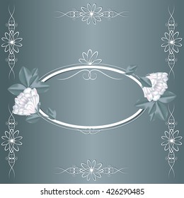 Elegant vector frame for photo and text with a beautiful lush white and pink flowers and leaves. Round frame.